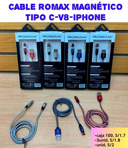 CABLE ROMAX MAGNETICO TIPO C-V8-IPHONE