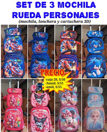 SET 3 MOCHILA RUEDA PERSONAJES