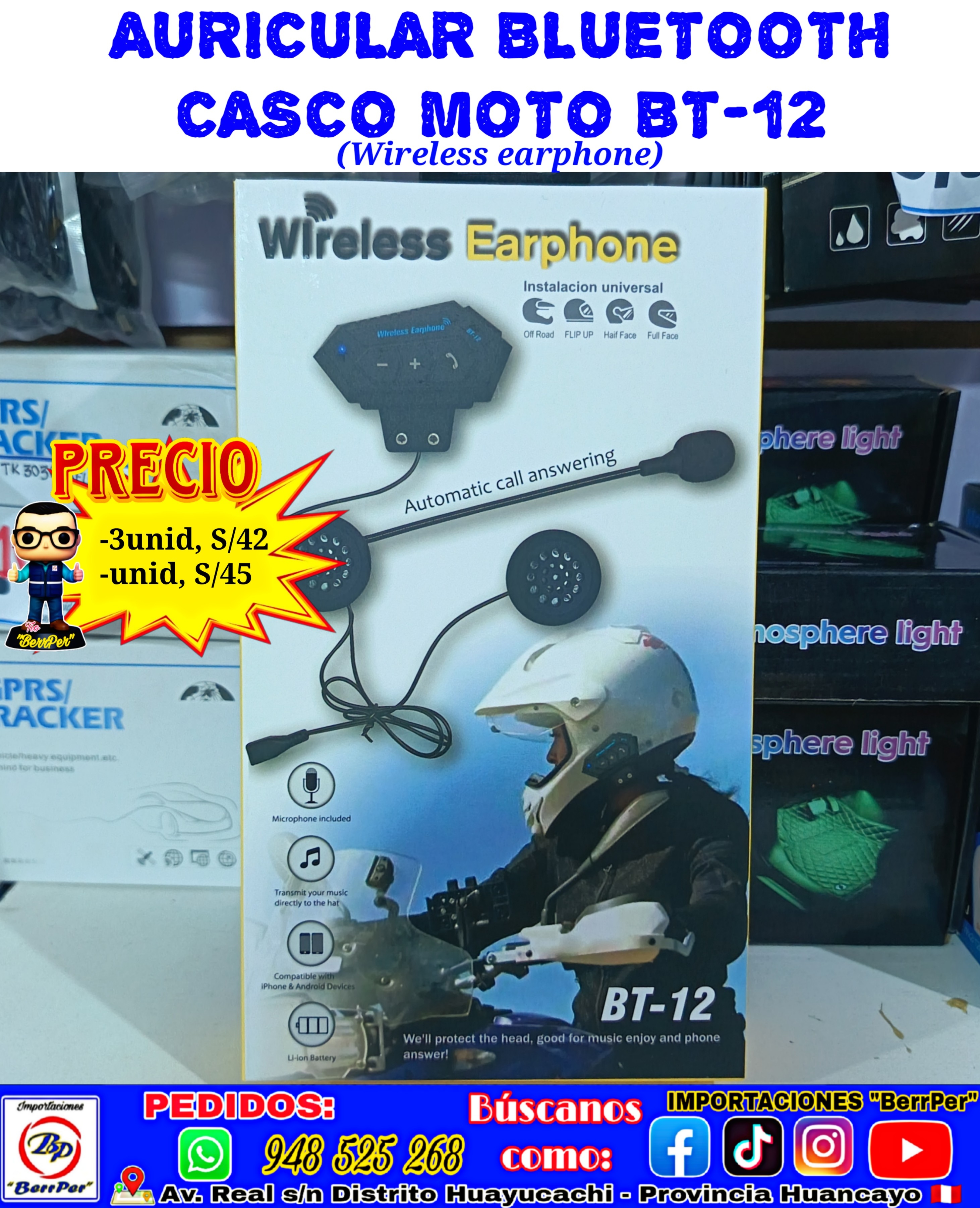 AURICULAR BLUETOOTH CASCO MOTO BT-12 (Wireless earphone)