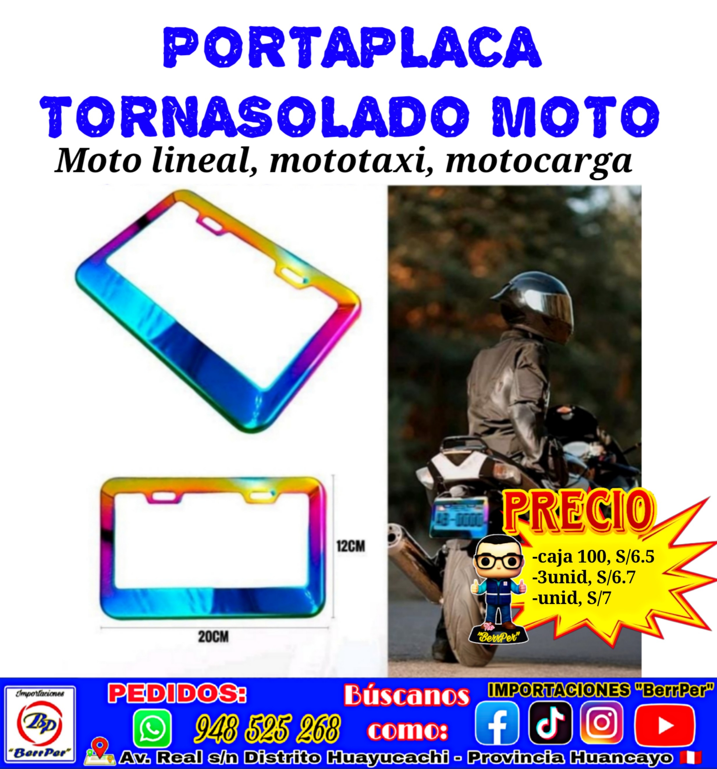 PORTAPLACA TORNASOLADO MOTO (moto lineal, mototaxi, motocarga) HOT RACING