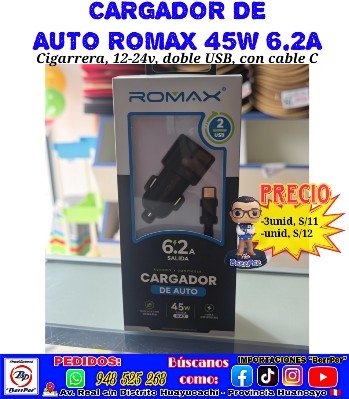 CARGADOR DE AUTO ROMAX 45W 6.2A (cigarrera, 12-24v, doble USB, cable C)