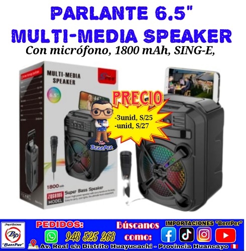 PARLANTE 6.5" MULTI-MEDIA SPEAKER (con micrófono, 1800 mah, SING-E)