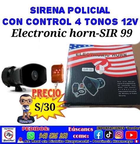 SIRENA POLICIAL CON CONTROL 4 TONOS 12V (electronic horn-SIR 99)