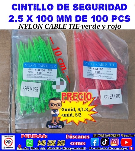 CINTILLO DE SEGURIDAD 2.5 X 100 MM DE 100 PCS (nylon cable tie, appeta)