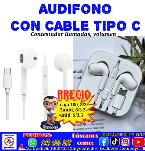 AUDIFONO CON CABLE TIPO C (contestador llamadas, volumen)