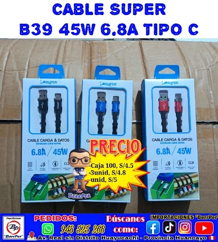 CABLE SUPER B39 45W 6.8A TIPO C (carga & datos, reforzado)