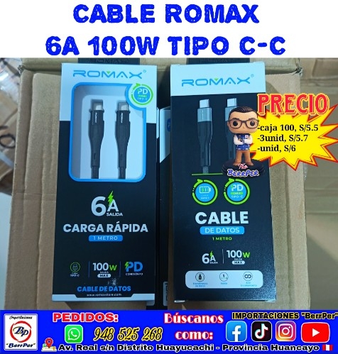 CABLE ROMAX 6A 100W TIPO C-C (carga rapida, datos)