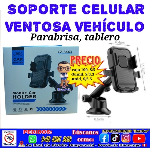 SOPORTE CELULAR VENTOSA VEHÍCULO (parabrisa, cz-3463, mobile car holder, 360)