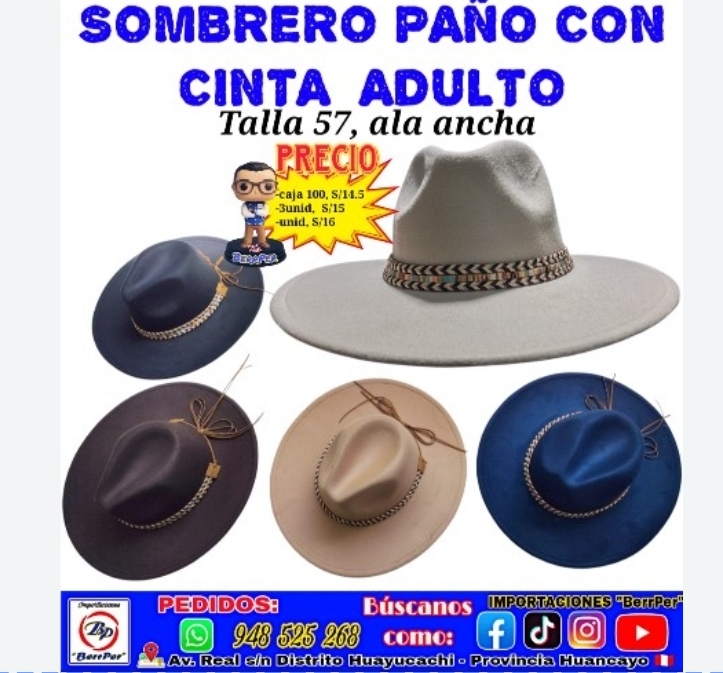 SOMBRERO PAÑO CON CINTA ADULTO (talla 57, ala ancha)