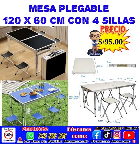 MESA PLEGABLE 120 X 60 CM CON 4 SILLAS