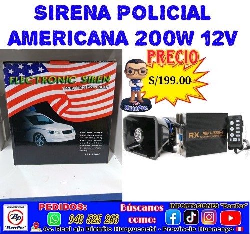 SIRENA POLICIAL AMERICANA 200W 12V (electronic siren  long time)