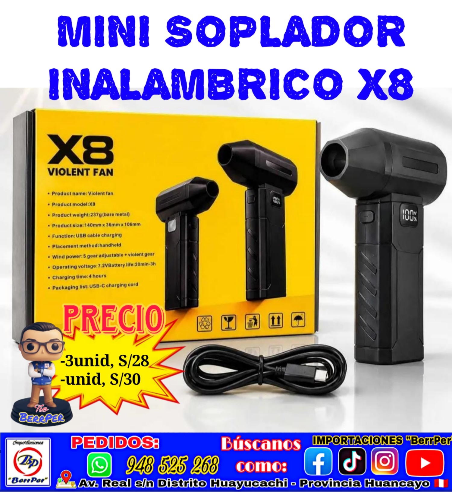 MINI SOPLADOR INALAMBRICO X8 (violent fan)