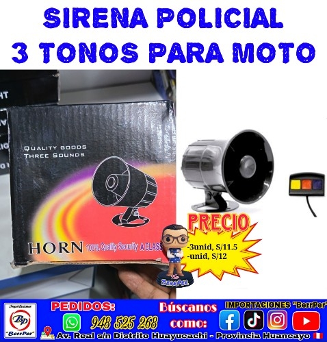 SIRENA POLICIAL 3 TONOS MOTO (33 siro, horn, quality)