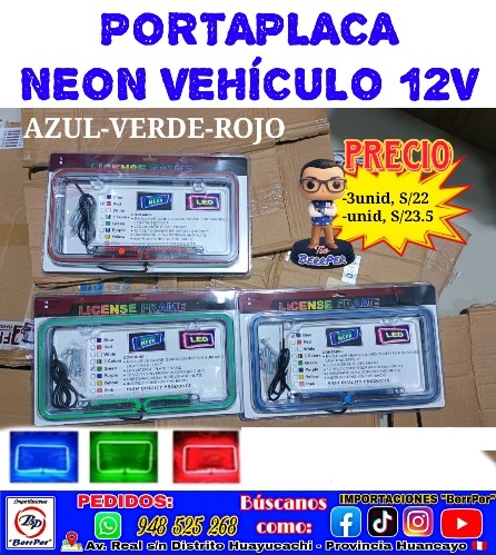 PORTAPLACA NEON VEHÍCULO 12V (azul, verde, rojo) (license frame)