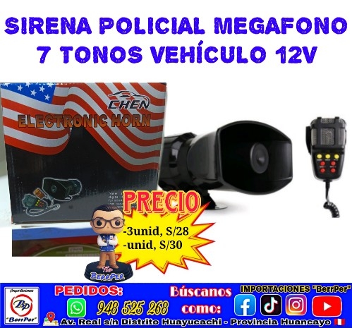 SIRENA POLICIAL CON MEGAFONO 7 TONOS VEHÍCULO 12V (electronic horn che)