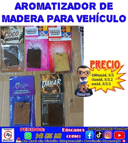 AROMATIZADOR DE MADERA PARA VEHÍCULO (dakar, uva, coco, looney tunes, air fresh