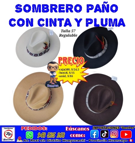 SOMBRERO PAÑO CON PLUMA Y CINTA ADULTO (talla 57, regulable)