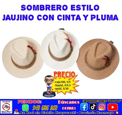SOMBRERO ESTILO JAUJINO CON CINTA Y PLUMA