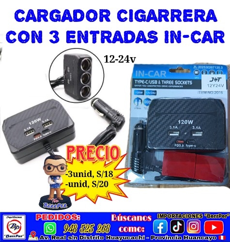 CARGADOR CIGARRERA CON 3 ENTRADAS IN-CAR (120w, 12y24v)