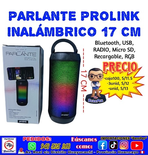 PARLANTE PROLINK INALÁMBRICO (17CM, PORTATIL, RGB,(