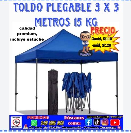 TOLDO PLEGABLE 3 X 3 METROS (calidad premium, 15kg, estuche)