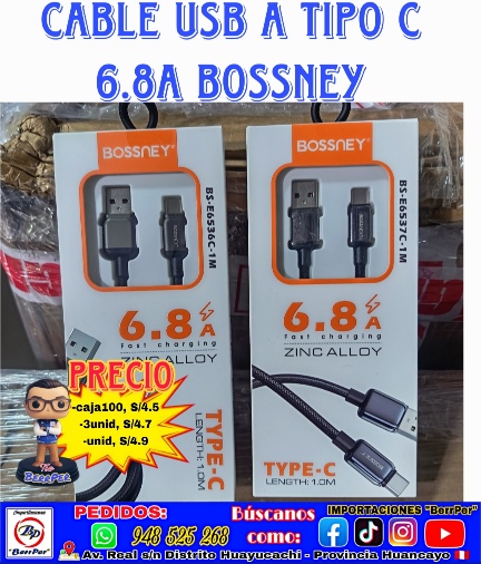 CABLE USB A TIPO C 6.8A BOSSNEY (aleación de zinc, carga rápida, zinc alloy)